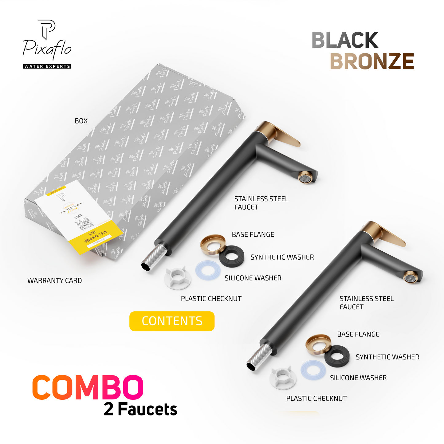 Pixaflo Vocal Stainless Steel Tall Body Pillar Cock 12 inch Tap for Wash Basin Combo | Deck Mounted | Cold Water Tap (Not Hot & Cold Mixer) | Counter Top/Table Top Faucet | Foam Flow | Black Bronze Finish | Pack of 2