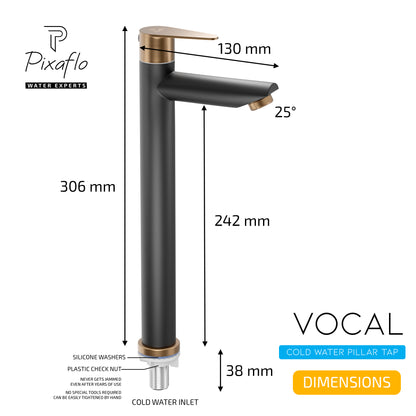 Pixaflo Vocal Stainless Steel Tall Body Pillar Cock 12 inch Tap for Wash Basin Combo | Deck Mounted | Cold Water Tap (Not Hot & Cold Mixer) | Counter Top/Table Top Faucet | Foam Flow | Black Bronze Finish | Pack of 2