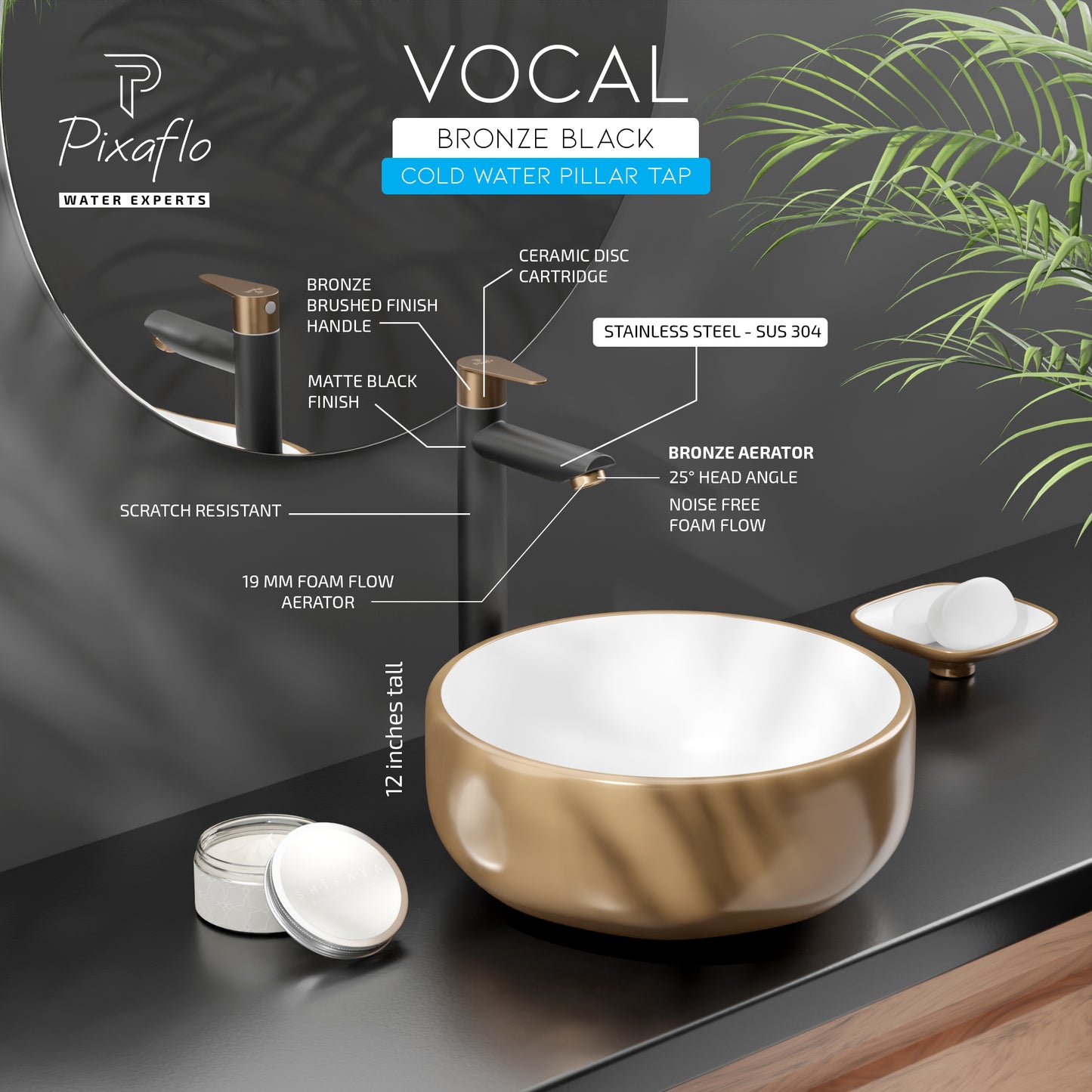Pixaflo Vocal Stainless Steel Tall Body Pillar Cock 12 inch Tap for Wash Basin Combo | Deck Mounted | Cold Water Tap (Not Hot & Cold Mixer) | Counter Top/Table Top Faucet | Foam Flow | Black Bronze Finish | Pack of 2