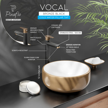 Pixaflo Vocal Stainless Steel Tall Body Pillar Cock 12 inch Tap for Wash Basin Combo | Deck Mounted | Cold Water Tap (Not Hot & Cold Mixer) | Counter Top/Table Top Faucet | Foam Flow | Black Bronze Finish | Pack of 2