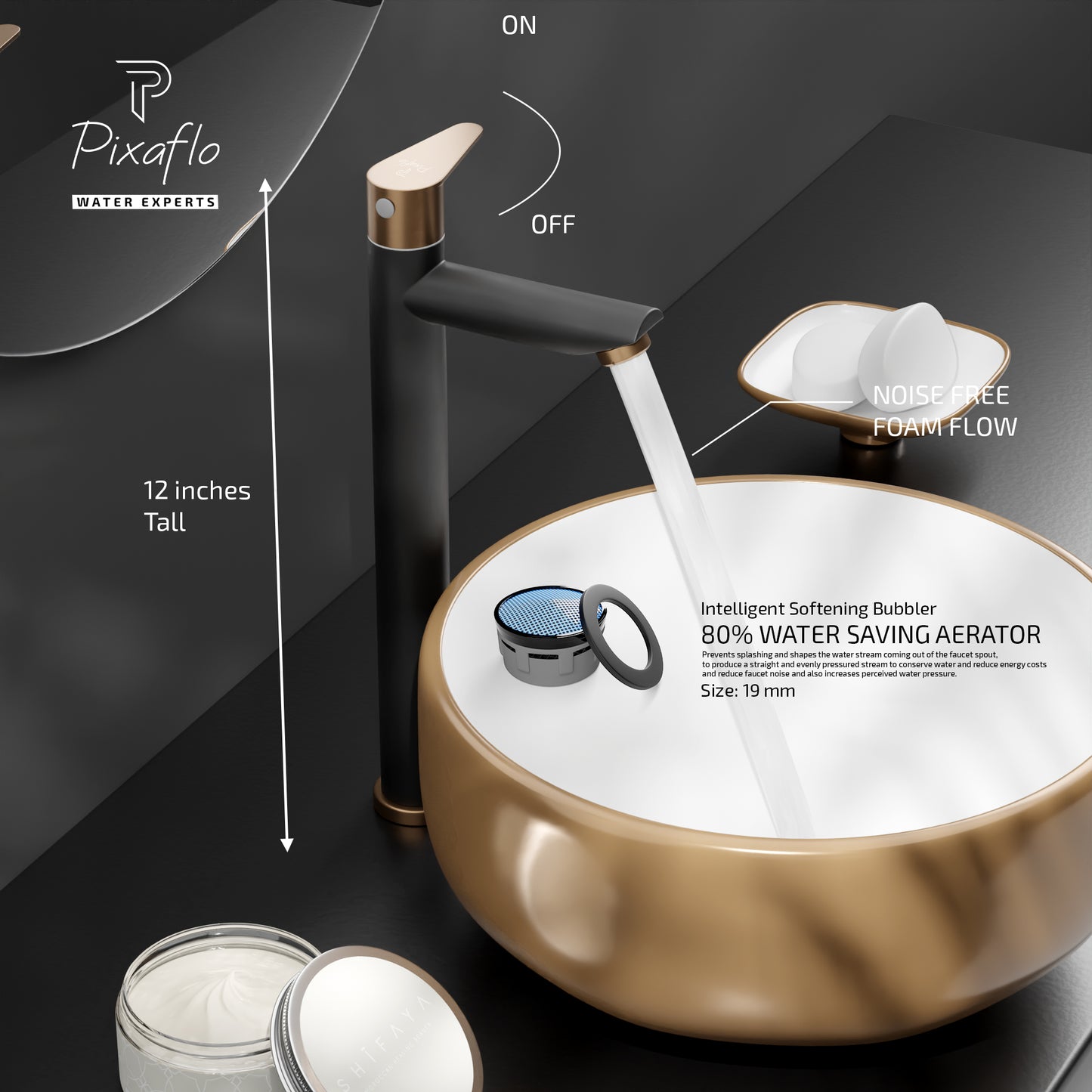 Pixaflo Vocal Stainless Steel Tall Body Pillar Cock 12 inch Tap for Wash Basin Combo | Deck Mounted | Cold Water Tap (Not Hot & Cold Mixer) | Counter Top/Table Top Faucet | Foam Flow | Black Bronze Finish | Pack of 2