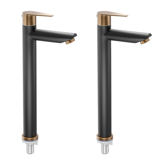 Pixaflo Vocal Stainless Steel Tall Body Pillar Cock 12 inch Tap for Wash Basin Combo | Deck Mounted | Cold Water Tap (Not Hot & Cold Mixer) | Counter Top/Table Top Faucet | Foam Flow | Black Bronze Finish | Pack of 2