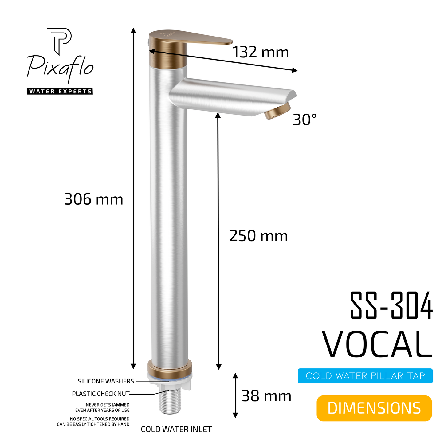 Pixaflo Vocal Stainless Steel Tall Body Pillar Cock 12 inch Tap for Wash Basin Combo | Deck Mounted | Cold Water Tap (Not Hot & Cold Mixer) | Counter Top/Table Top Faucet | Foam Flow | Brushed Steel Finish | Pack of 2