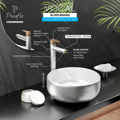 Pixaflo Vocal Stainless Steel Tall Body Pillar Cock 12 inch Tap for Wash Basin Combo | Deck Mounted | Cold Water Tap (Not Hot & Cold Mixer) | Counter Top/Table Top Faucet | Foam Flow | Brushed Steel Finish | Pack of 2