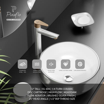 Pixaflo Vocal Stainless Steel Tall Body Pillar Cock 12 inch Tap for Wash Basin Combo | Deck Mounted | Cold Water Tap (Not Hot & Cold Mixer) | Counter Top/Table Top Faucet | Foam Flow | Brushed Steel Finish | Pack of 2
