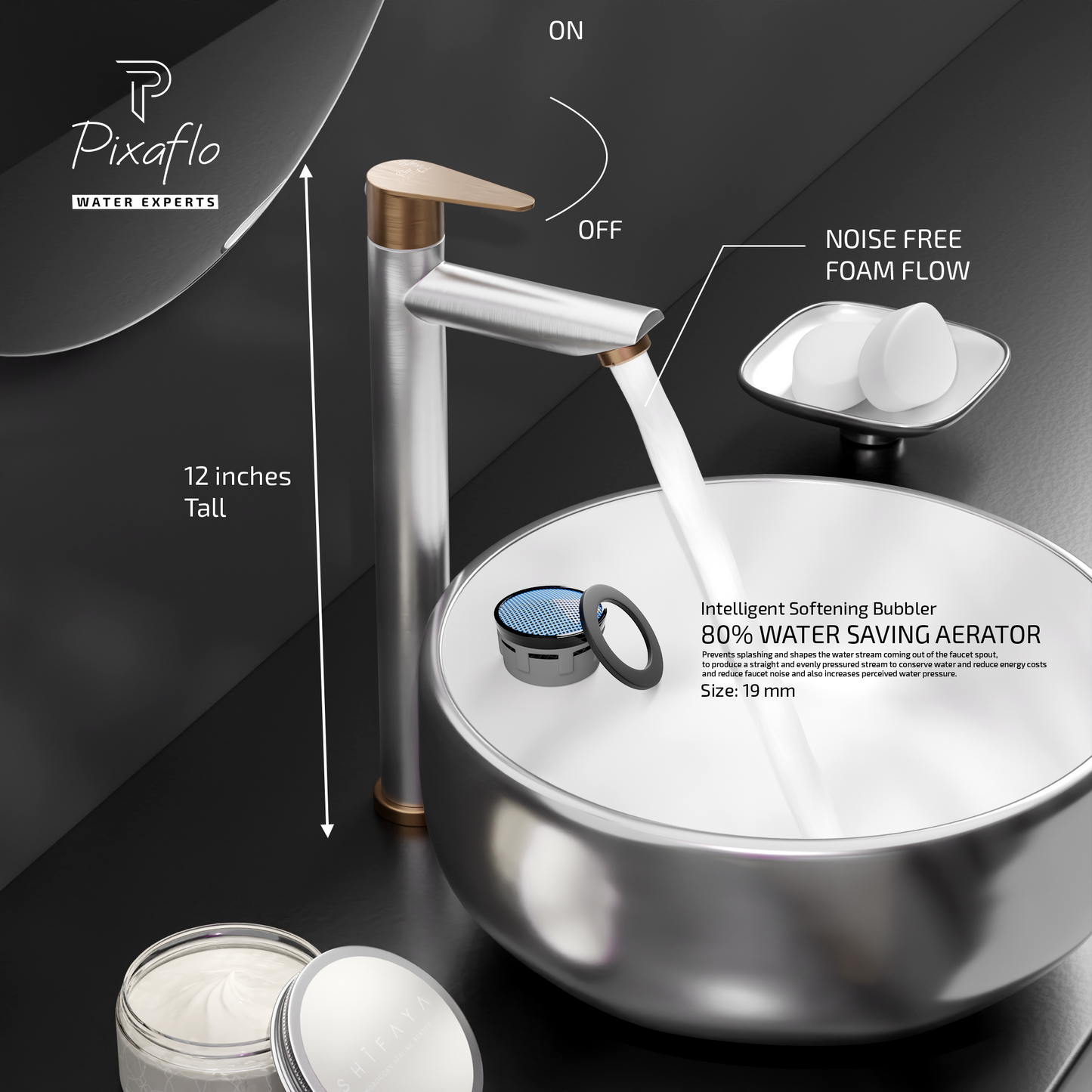 Pixaflo Vocal Stainless Steel Tall Body Pillar Cock 12 inch Tap for Wash Basin Combo | Deck Mounted | Cold Water Tap (Not Hot & Cold Mixer) | Counter Top/Table Top Faucet | Foam Flow | Brushed Steel Finish | Pack of 2