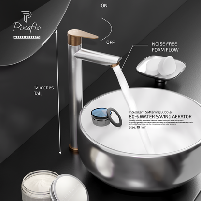 Pixaflo Vocal Stainless Steel Tall Body Pillar Cock 12 inch Tap for Wash Basin Combo | Deck Mounted | Cold Water Tap (Not Hot & Cold Mixer) | Counter Top/Table Top Faucet | Foam Flow | Brushed Steel Finish | Pack of 2
