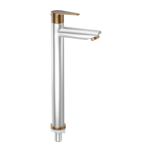 Pixaflo Vocal Stainless Steel Tall Body Pillar Cock 12 inch Tap for Wash Basin | Deck Mounted | Cold Water Tap (Not Hot & Cold Mixer) | Counter Top/Table Top Faucet | Foam Flow | Brushed Steel Finish