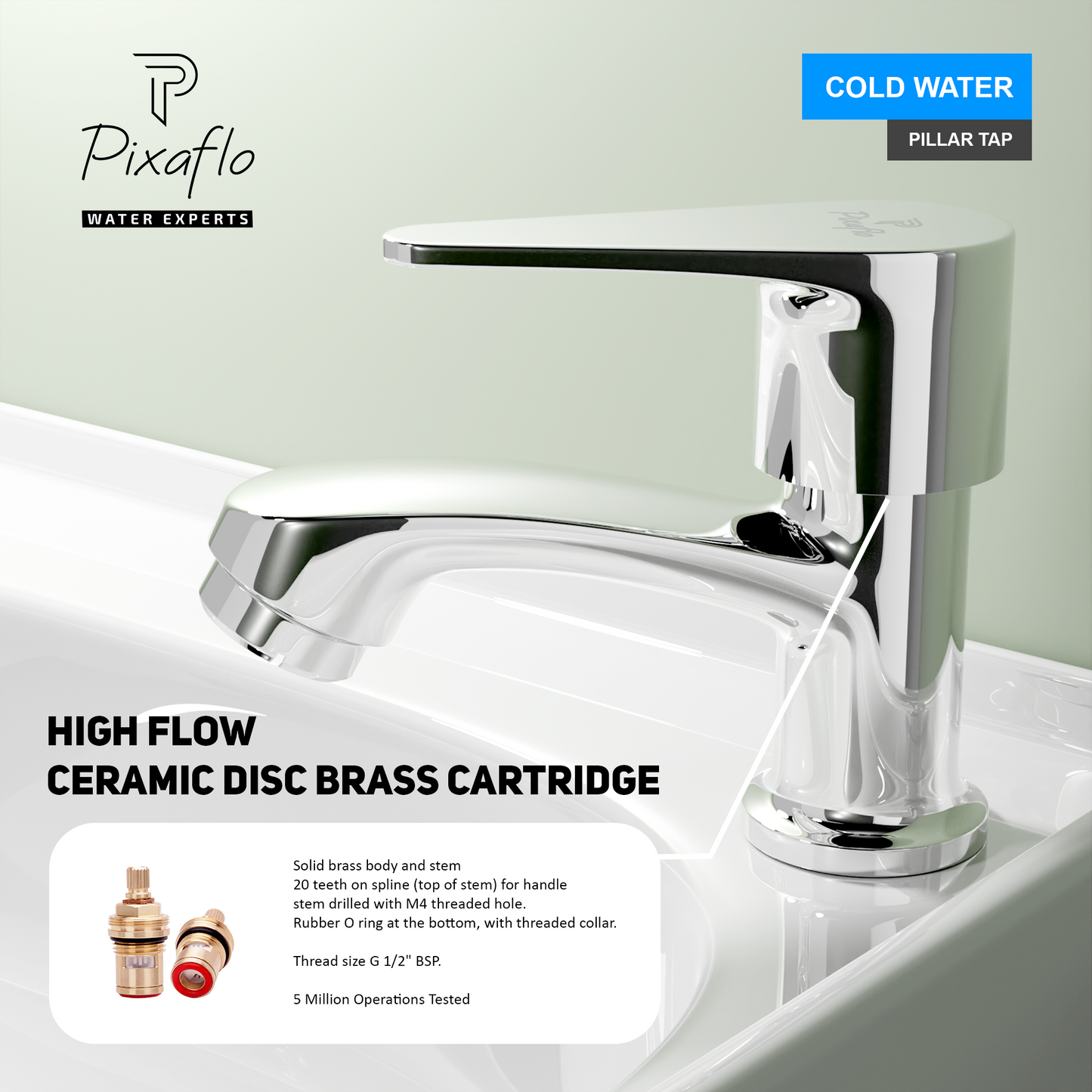 Pixaflo Vocal Brass Pillar Tap for Wash Basin | Pillar Cock | Quarter-Turn | Ceramic Disc Cartridge | Foam Flow | Chrome Finish