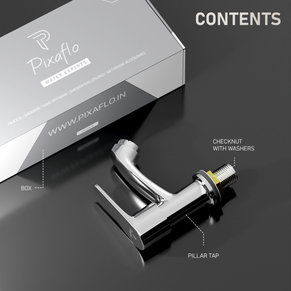 Pixaflo Vocal Brass Pillar Tap for Wash Basin | Pillar Cock | Quarter-Turn | Ceramic Disc Cartridge | Foam Flow | Chrome Finish