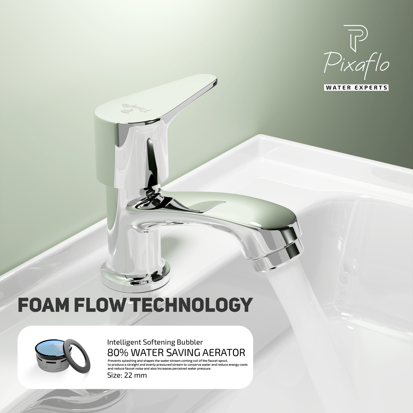 Pixaflo Vocal Brass Pillar Tap for Wash Basin | Pillar Cock | Quarter-Turn | Ceramic Disc Cartridge | Foam Flow | Chrome Finish