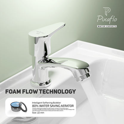 Pixaflo Vocal Brass Pillar Tap for Wash Basin | Pillar Cock | Quarter-Turn | Ceramic Disc Cartridge | Foam Flow | Chrome Finish