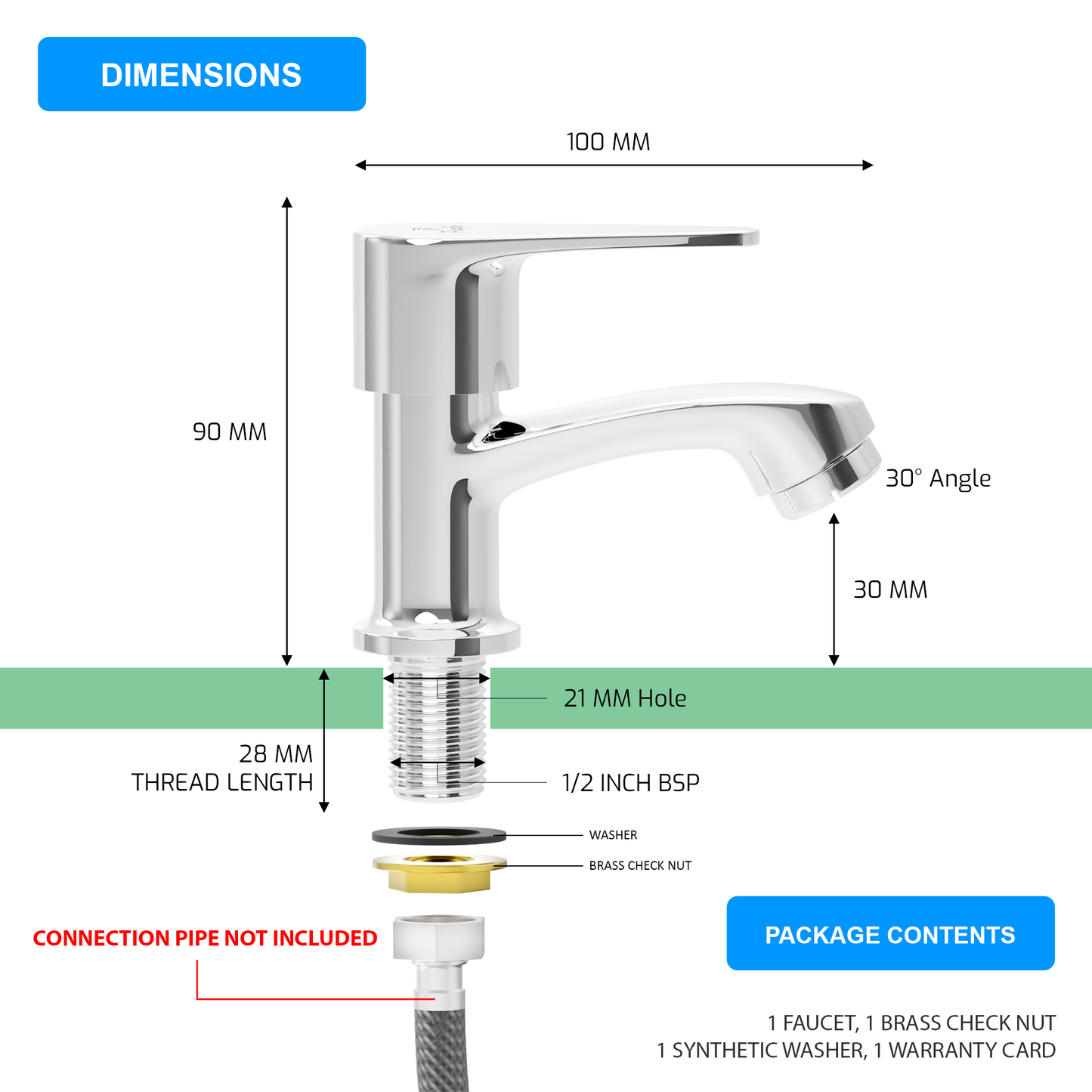 Pixaflo Vocal Brass Pillar Tap for Wash Basin | Pillar Cock | Quarter-Turn | Ceramic Disc Cartridge | Foam Flow | Chrome Finish