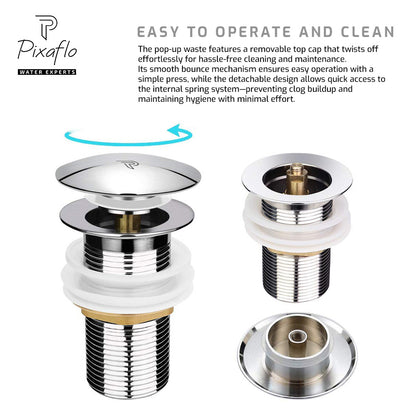 Pixaflo 3-Inches Stainless Steel Pop-Up Waste Coupling for Wash Basin & Sink | Full Threaded G1¼” | Durable Anti-Rust Bathroom Drain Plug | Universal Fit for Vanity & Countertop | Chrome Finish | Combo Pack of 2