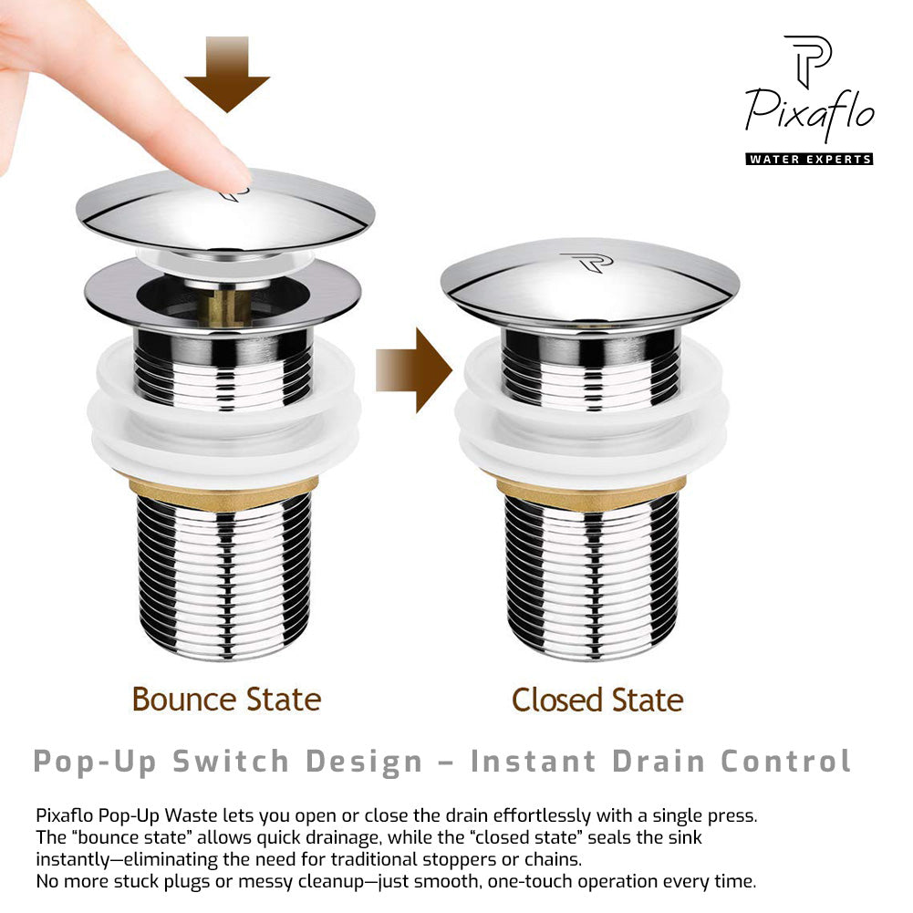 Pixaflo 3-Inches Stainless Steel Pop-Up Waste Coupling for Wash Basin & Sink | Full Threaded G1¼” | Durable Anti-Rust Bathroom Drain Plug | Universal Fit for Vanity & Countertop | Chrome Finish
