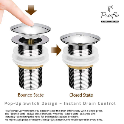 Pixaflo 3-Inches Stainless Steel Pop-Up Waste Coupling for Wash Basin & Sink | Full Threaded G1¼” | Durable Anti-Rust Bathroom Drain Plug | Universal Fit for Vanity & Countertop | Chrome Finish