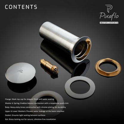 Pixaflo 5-Inches Stainless Steel Pop-Up Waste Coupling for Wash Basin & Sink | Full Threaded G1¼” | Durable Anti-Rust Bathroom Drain Plug | Universal Fit for Vanity & Countertop | Chrome Finish