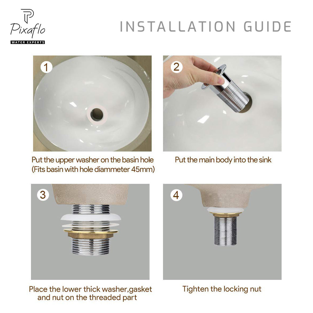 Pixaflo 5-Inches Stainless Steel Pop-Up Waste Coupling for Wash Basin & Sink | Full Threaded G1¼” | Durable Anti-Rust Bathroom Drain Plug | Universal Fit for Vanity & Countertop | Chrome Finish