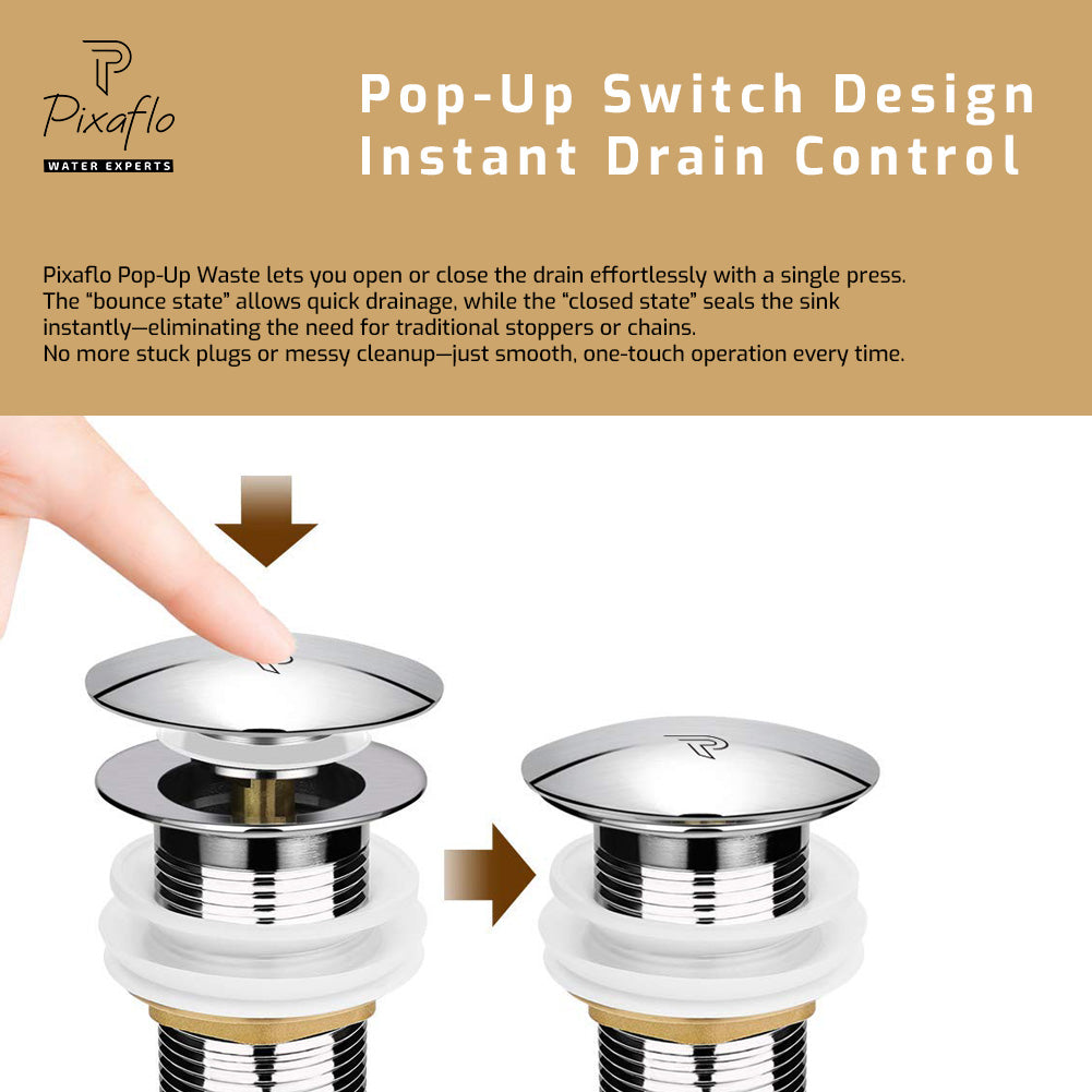 Pixaflo 5-Inches Stainless Steel Pop-Up Waste Coupling for Wash Basin & Sink | Full Threaded G1¼” | Durable Anti-Rust Bathroom Drain Plug | Universal Fit for Vanity & Countertop | Chrome Finish