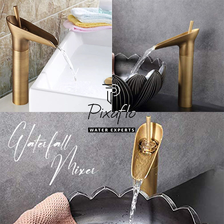 Pixaflo Waterfall Brass Single Lever Hot and Cold Basin Mixer with 24 inches Long Braided Hoses | 12 inches Tall | Brushed Copper