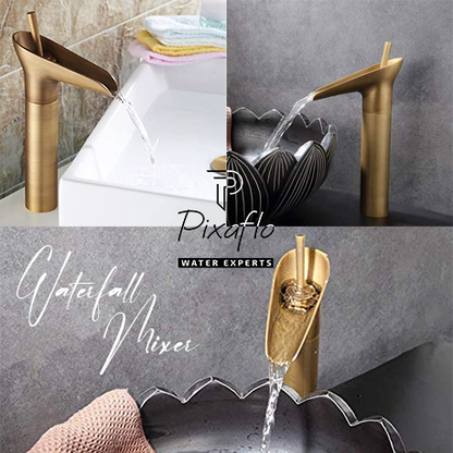 Pixaflo Waterfall Brass Single Lever Hot and Cold Basin Mixer with 24 inches Long Braided Hoses | 12 inches Tall | Brushed Copper