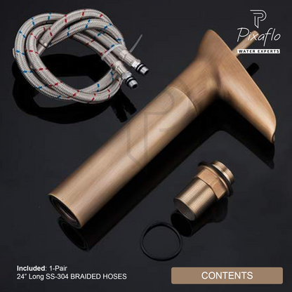 Pixaflo Waterfall Brass Single Lever Hot and Cold Basin Mixer with 24 inches Long Braided Hoses | 12 inches Tall | Brushed Copper