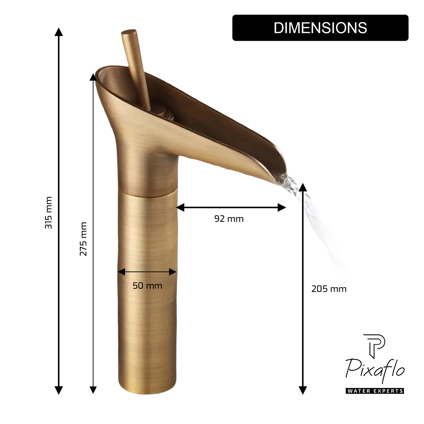 Pixaflo Waterfall Brass Single Lever Hot and Cold Basin Mixer with 24 inches Long Braided Hoses | 12 inches Tall | Brushed Copper