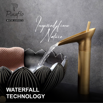 Pixaflo Waterfall Brass Single Lever Hot and Cold Basin Mixer with 24 inches Long Braided Hoses | 12 inches Tall | Brushed Copper