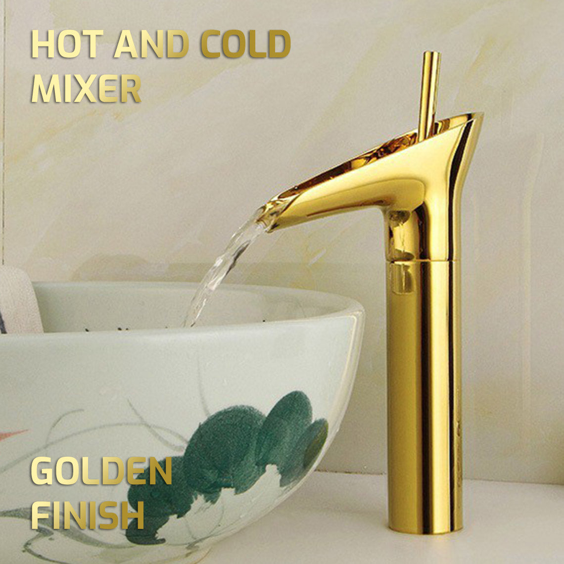 Pixaflo Waterfall Brass Single Lever Hot and Cold Basin Mixer with 24 inches Long Braided Hoses | 12 inches Tall | Gold Finish