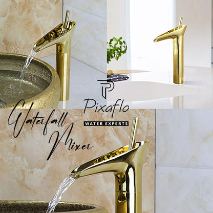 Pixaflo Waterfall Brass Single Lever Hot and Cold Basin Mixer with 24 inches Long Braided Hoses | 12 inches Tall | Gold Finish