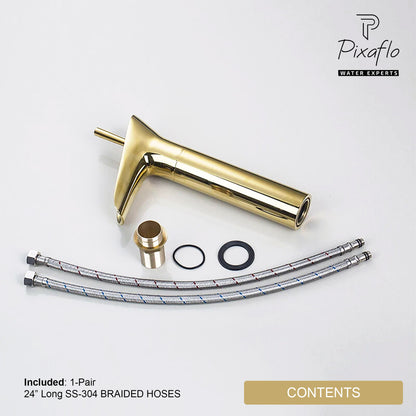 Pixaflo Waterfall Brass Single Lever Hot and Cold Basin Mixer with 24 inches Long Braided Hoses | 12 inches Tall | Gold Finish