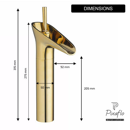 Pixaflo Waterfall Brass Single Lever Hot and Cold Basin Mixer with 24 inches Long Braided Hoses | 12 inches Tall | Gold Finish
