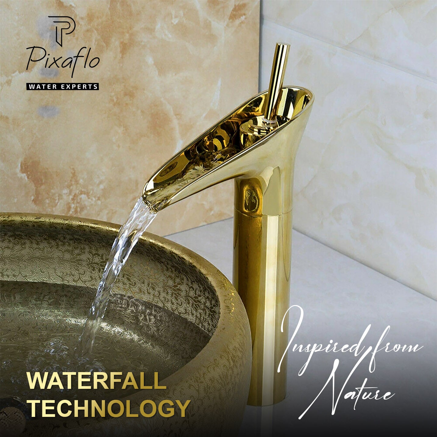 Pixaflo Waterfall Brass Single Lever Hot and Cold Basin Mixer with 24 inches Long Braided Hoses | 12 inches Tall | Gold Finish