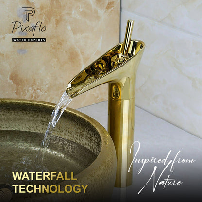 Pixaflo Waterfall Brass Single Lever Hot and Cold Basin Mixer with 24 inches Long Braided Hoses | 12 inches Tall | Gold Finish