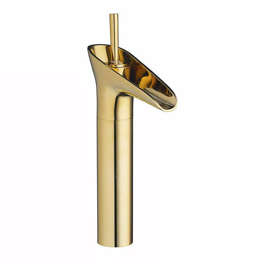 Pixaflo Waterfall Brass Single Lever Hot and Cold Basin Mixer with 24 inches Long Braided Hoses | 12 inches Tall | Gold Finish