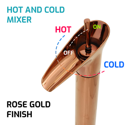 Pixaflo Waterfall Brass Single Lever Hot and Cold Basin Mixer with 24 inches Long Braided Hoses | 12 inches Tall | Rose Gold