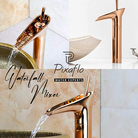 Pixaflo Waterfall Brass Single Lever Hot and Cold Basin Mixer with 24 inches Long Braided Hoses | 12 inches Tall | Rose Gold