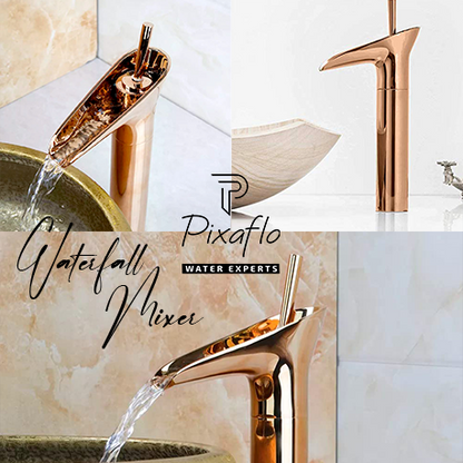 Pixaflo Waterfall Brass Single Lever Hot and Cold Basin Mixer with 24 inches Long Braided Hoses | 12 inches Tall | Rose Gold