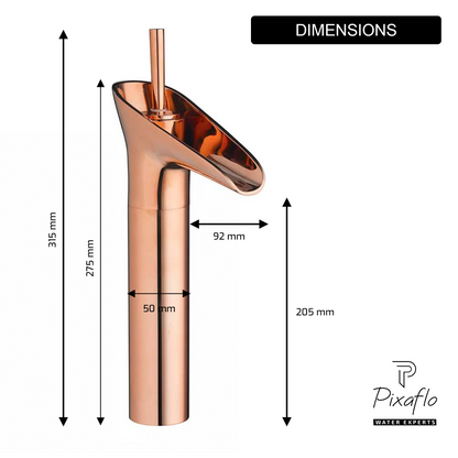Pixaflo Waterfall Brass Single Lever Hot and Cold Basin Mixer with 24 inches Long Braided Hoses | 12 inches Tall | Rose Gold