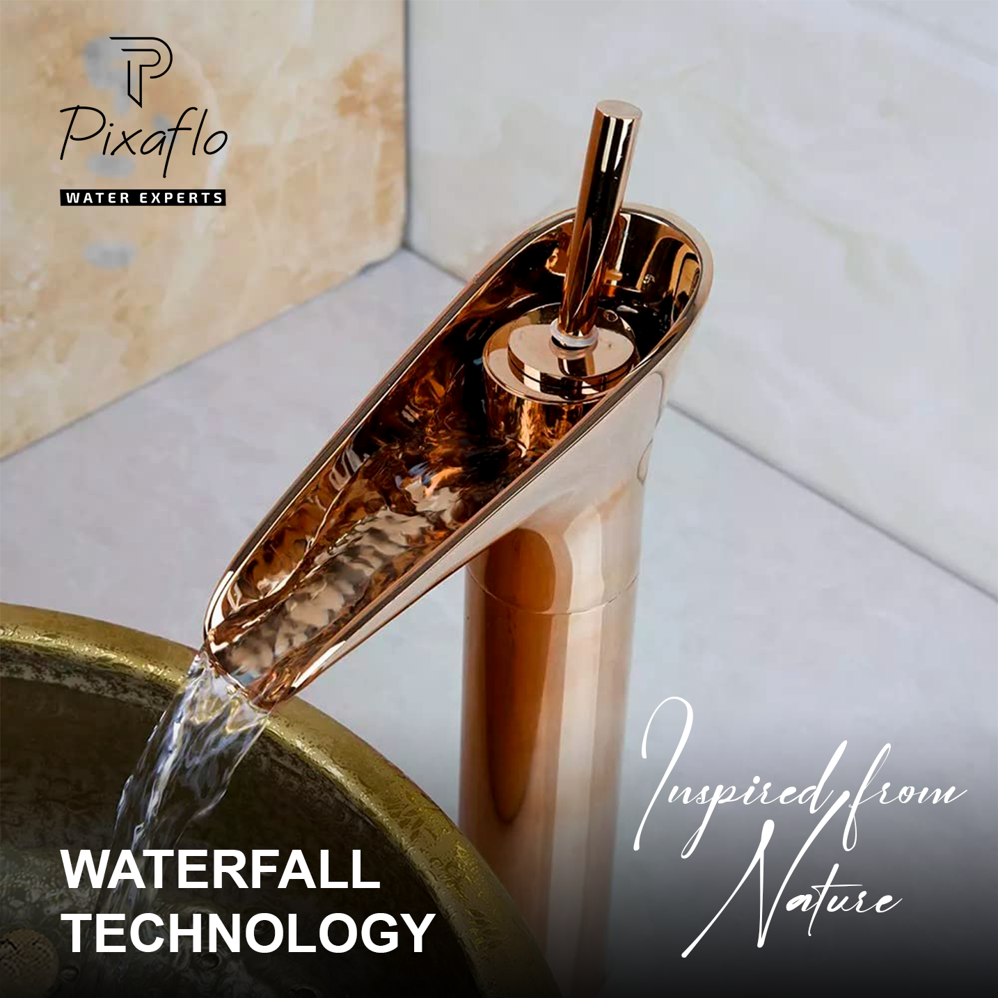 Pixaflo Waterfall Brass Single Lever Hot and Cold Basin Mixer with 24 inches Long Braided Hoses | 12 inches Tall | Rose Gold