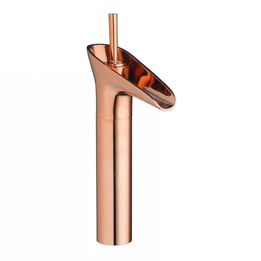 Pixaflo Waterfall Brass Single Lever Hot and Cold Basin Mixer with 24 inches Long Braided Hoses | 12 inches Tall | Rose Gold